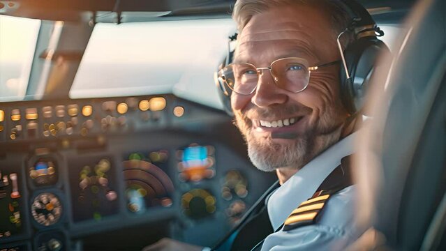 An airplane pilot is seated in the cockpit wearing a headset and headphone
