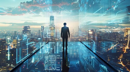 Businessman navigating futuristic cityscape on digital network infrastructure