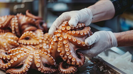 The chef holds an octopus in his hands to prepare a delicious seafood dish - obrazy, fototapety, plakaty