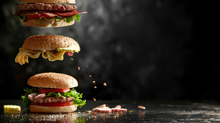 Deconstructed sandwich with levitating ingredients, dark background, copy space