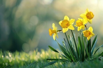 Blooming Flowers. Yellow Daffodils in a Spring Field with Grass Background