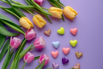 Isolated Colorful. Beautiful Bouquet of Pink and Yellow Tulips with Colorful Hearts on Violet Background for Mother's Day Advert