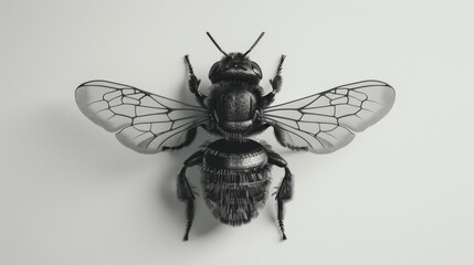 A black and white photo of a bee with wings, AI - obrazy, fototapety, plakaty