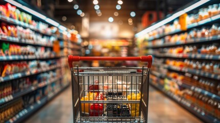A shopping cart is in a grocery store aisle with many different items, AI - obrazy, fototapety, plakaty