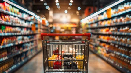 Poster A shopping cart is in a grocery store aisle with many different items, AI © starush