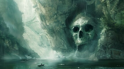 Tea flows into the cave that resembles a skull, and the young boy swimming in a boat on the river gets frightened - obrazy, fototapety, plakaty
