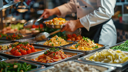 Obraz premium Chef preparing food in buffet, vegetable, tomato, meal, cooking