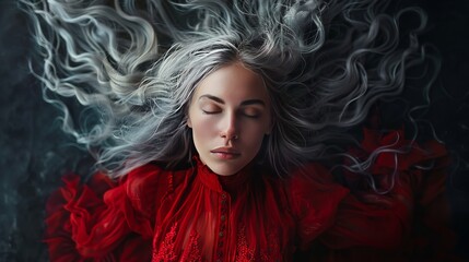 a young lady with silver hair dressed in a red dress