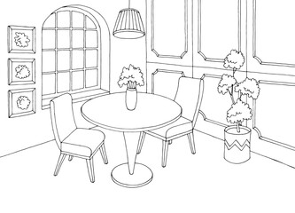 Classic dining room home interior graphic black white sketch illustration vector