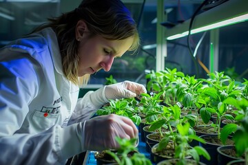 Researcher with GMO plants in the laboratory. Researcher with GMO plants. Genetically modified organism or GEO here transgenic plant is an plant whose genetic material has b - obrazy, fototapety, plakaty