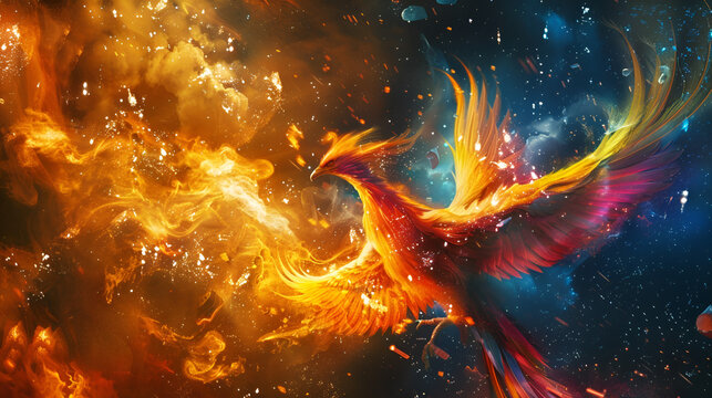 Majestic phoenix rises from flames, symbolizing rebirth, resilience, and overcoming adversity with grace.