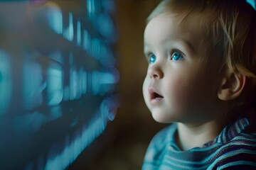 A babys first word visualized through blue digital sound waves, capturing the melding of human and digital communication