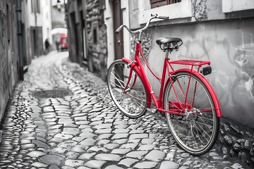 Retro vintage red bike on cobblestone street in the old town. Color in black and white. Old charming bicycle concept. .