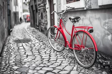 Gartenposter Retro vintage red bike on cobblestone street in the old town. Color in black and white. Old charming bicycle concept. . © crescent