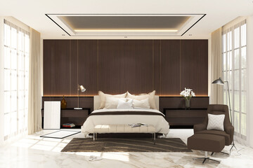 3d rendering interior of bedroom with frame mockup. White marble floor and dark wood panel background. Set 8