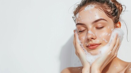 A white woman with clear skin and eyes closed washes her face with soap on a grey background