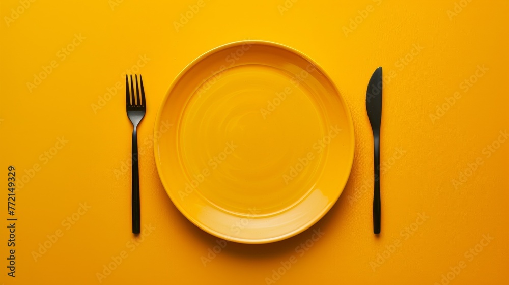 Poster A plate with a fork and knife on it next to an empty bowl, AI