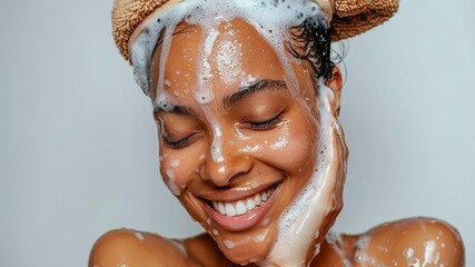 An African American woman with clear skin smiling with her eyes closed slathering her face with soap