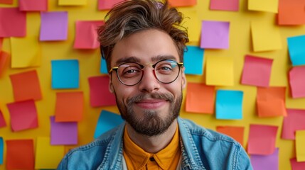 A man with glasses and beard in front of a wall covered in post-it notes, AI