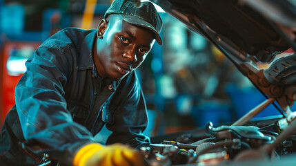 black car mechanic While repairing a car in the garage - obrazy, fototapety, plakaty