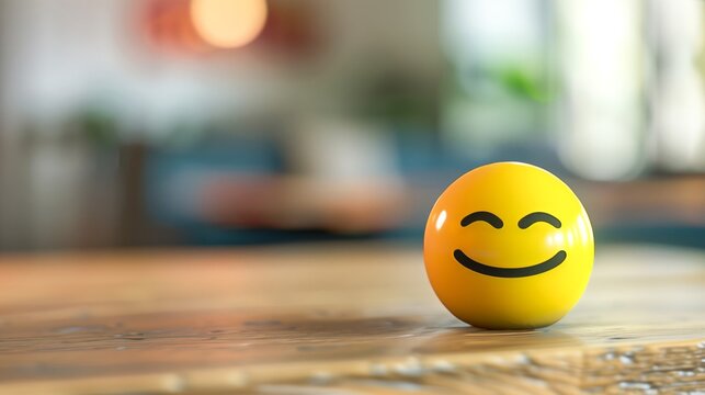 Lone 3D emoticon expressing joy on top of a table, with space to the right of background blurred copy