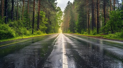 A wet road with a green forest in the background, AI