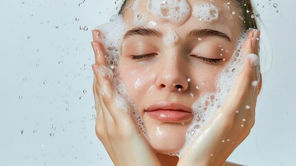 A white woman with clear skin washing her face with soap with eyes closed on a grey background