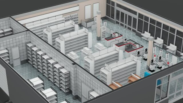 Rotating retail floor plan mockup with empty shelves. 3d animation loop