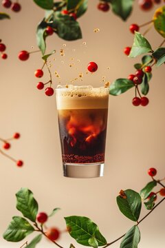 A glass of cold nitro coffee levitation in the air among coffee red berries and green leaves on a beige background. Copy space for text. Concept restaurant menu, culinary blog, social media. 