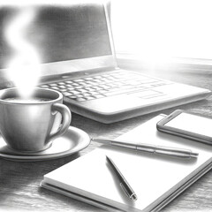 A laptop is on a table with a cup of coffee and a pen. The scene suggests a person is working or studying, possibly taking a break to enjoy a cup of coffee