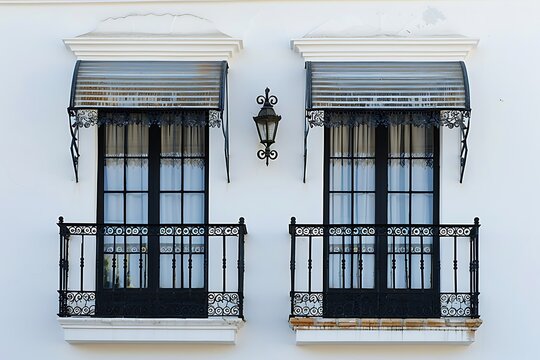 Fototapeta Windows with black and white awning, wrought iron railing and white wall. .