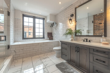 A large bathroom with grey wood cabinets, white tiles on the walls and floor, vintage sink, window, and bathtub in an industrial style home in Montreal. Created with Ai - obrazy, fototapety, plakaty