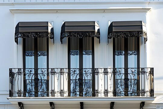 Fototapeta Windows with black and white awning, wrought iron railing and white wall. .