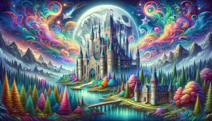 A colorful painting of a castle and a moon with a rainbow in the sky. The castle is surrounded by trees and a river. The mood of the painting is whimsical and magical