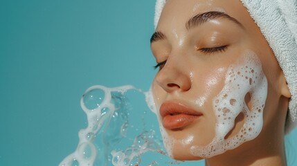 A white woman with clear sking and soap suds on her face and a white towel on her head on blue background for copyspace - obrazy, fototapety, plakaty