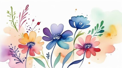 Watercolor art of colorful flowers and splatter on white
