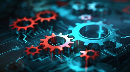 Efficient Business Automation: Gears and Icons on Abstract Background
