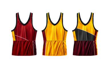 Three unique basketball uniforms of different colors laid out on a white background