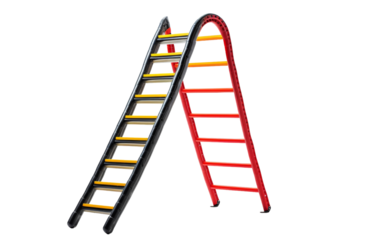 A red ladder stands tall beside a yellow ladder, reaching towards unknown heights