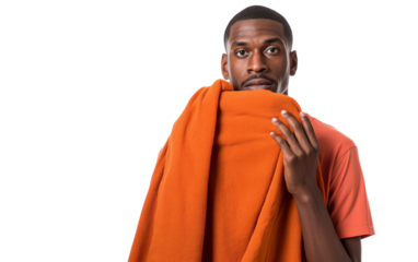 A man stands confidently with an orange towel draped elegantly around his neck