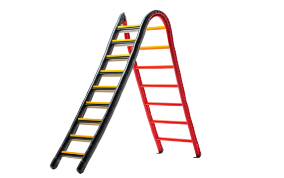 A red ladder stands tall beside a yellow ladder, reaching towards unknown heights
