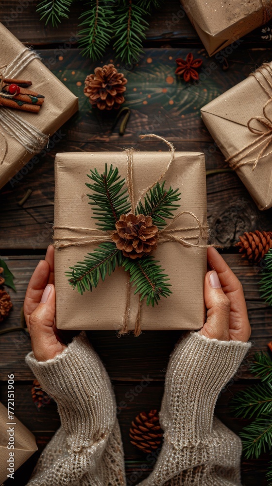 Canvas Prints A person is holding a wrapped gift with pine cones and fir needles, AI