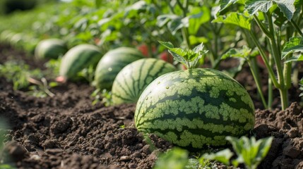 A group of watermelons growing in a field with green plants, AI