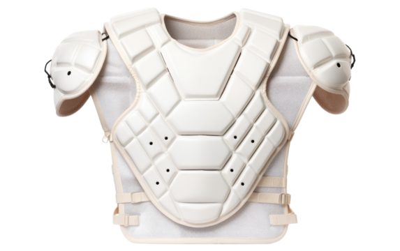 A white catchers chest protector stands boldly on a pristine white background