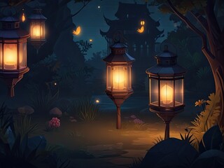 Fototapeta na wymiar 2D scene with cartoon lanterns in a night forest.