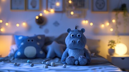 A stuffed animal sitting on a bed with lights around it, AI - 772152729