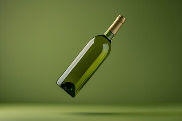 Slanted bottle on green background