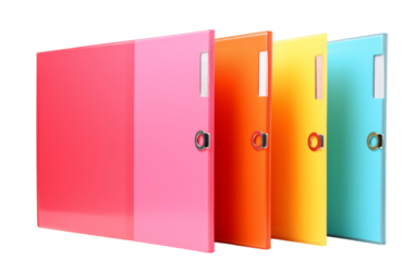 Colorful folders neatly arranged in a row on a clean white background