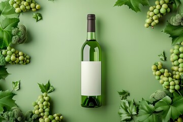 Green wine bottle with blank label and green grapes
