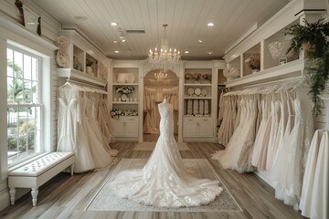 Bridal Boutique Glamour A bridal boutique with elegant wedding gowns and accessories - obrazy, fototapety, plakaty